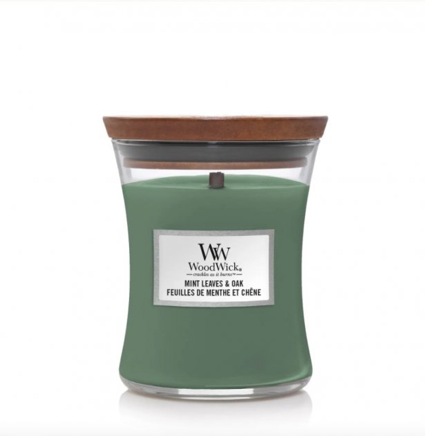 Ароматична свічка з нотами м'яти та дуба Woodwick Medium Mint leaves & Oak 275 г Ароматична свічка з нотами м'яти та дуба Woodwick Medium Mint leaves & Oak 275 г